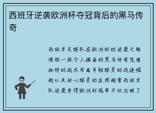 西班牙逆袭欧洲杯夺冠背后的黑马传奇